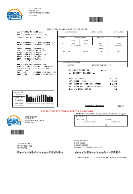 USA Florida Seco Energy business utility bill template in Word and PDF formats